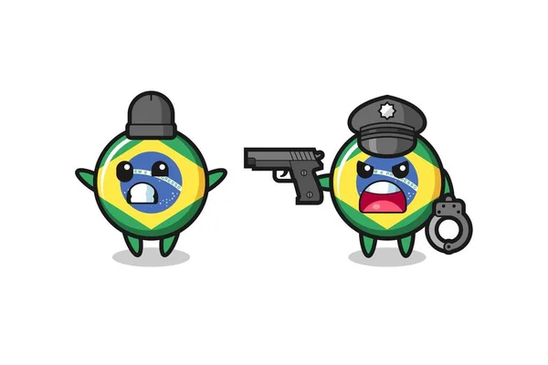 Иллюстрация Бразильского Флага Грабитель Бейджа Руками Вверх Поза Пойман Полицией — стоковый вектор