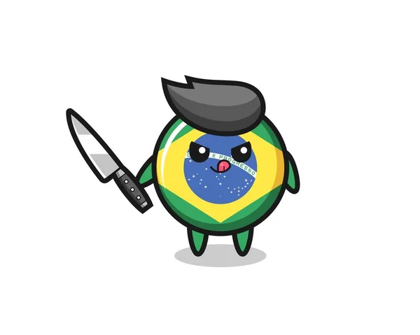 Симпатичные Бразильский Флаг Талисман Психопат Держа Нож Милый Дизайн Стиля — стоковый вектор
