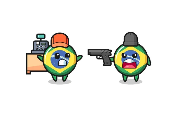 Illust Cute Brazil Flag Badge Cashier Pointed Gun Robber Cute —  Vetores de Stock