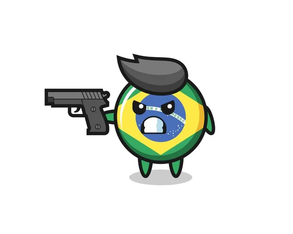 Leuke Brazil Vlag Badge Karakter Shoot Met Een Pistool Leuke — Stockvector