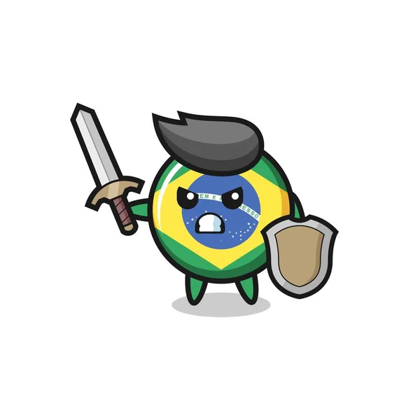 可爱的巴西国旗徽章战士与剑和盾牌战斗 可爱的T恤样式设计 标志元素 — 图库矢量图片