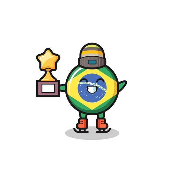 Brazil Vlag Badge Cartoon Als Een Schaatser Houden Winnaar Trofee — Stockvector