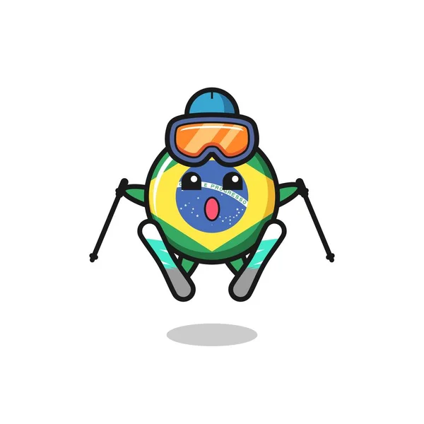 Brazil Flag Badge Mascot Character Ski Player Cute Style Design — 스톡 벡터