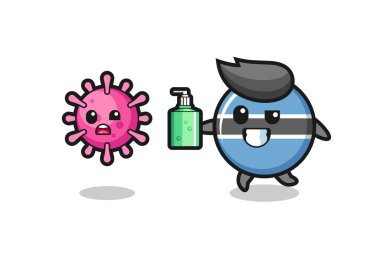 Botsvana bayrak rozeti karakteri el dezenfektanı ile kötü virüsü kovalıyor tişört, çıkartma, logo elementi için şirin bir tasarım.