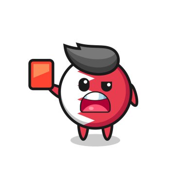 Bahreyn bayrağı güzel maskot hakem kırmızı kart veriyor, tişört, çıkartma, logo elementi için şirin bir tasarım.