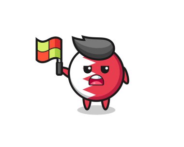 Bahreyn bayrak karakteri çizgi hakimi bayrağı kaldırıyor, tişört, çıkartma, logo elementi için şirin bir tasarım.