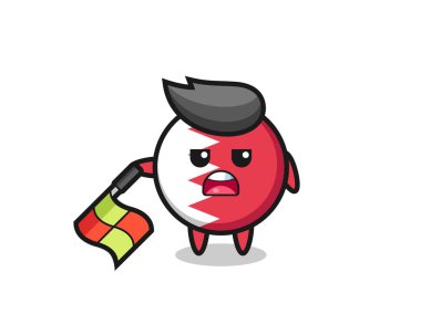 Hat yargıcı olarak bahreyn bayrak karakteri bayrağı 45 derecelik açıyla tutun, tişört, çıkartma, logo elementi için şirin bir tasarım yapın.