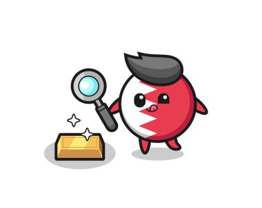 Bahreyn bayraklı rozet karakteri altın külçesinin orijinalliğini kontrol ediyor. Gömlek, çıkartma, logo elementi için şirin bir tasarım.