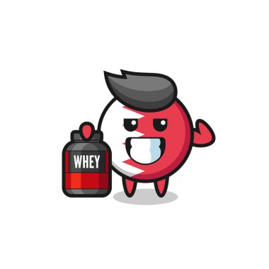 Kaslı Bahreyn bayrağı karakteri protein takviyesi tutuyor. Tişört, çıkartma, logo elementi için şirin bir tasarım.