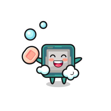 İşlemci karakter sabun tutarken banyo yapıyor, tişört, etiket, logo ögesi için şirin bir tasarım.