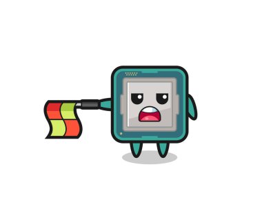 Çizgi yargıcı olarak işlemci karakteri bayrağı yatay tutun, tişört, etiket, logo ögesi için şirin bir tasarım yapın