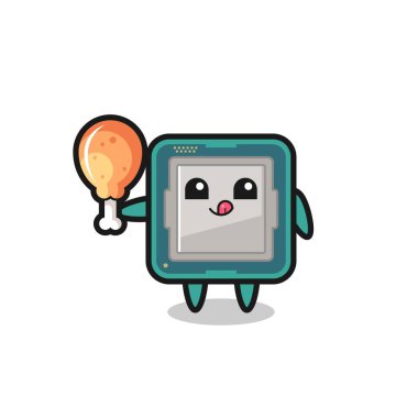 İşlemci şirin maskot kızarmış tavuk yiyor. Tişört, çıkartma, logo elementi için şirin bir tasarım.