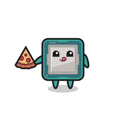 Pizza yiyen sevimli işlemci çizgi filmi, tişört, etiket, logo elemanı için şirin bir tasarım.