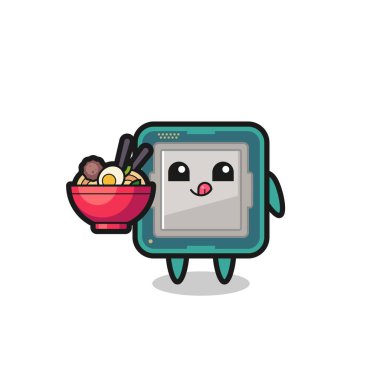 Erişte yiyen sevimli işlemci karakteri, tişört, çıkartma, logo elementi için şirin tasarım.