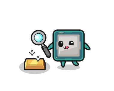 İşlemci karakter altın külçesinin orijinalliğini kontrol ediyor, tişört, etiket, logo elementi için şirin bir tasarım.