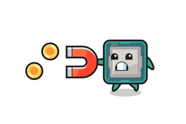 İşlemcinin karakteri altın sikkeleri yakalamak için bir mıknatıs tutar, tişört, etiket, logo elementi için şirin bir tasarım