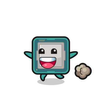 Çalışan pozlu mutlu işlemci karikatürü, tişört, etiket, logo ögesi için şirin bir tasarım