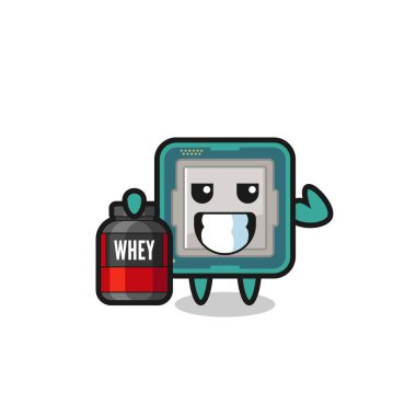 Kas işlemci karakteri bir protein takviyesi tutuyor, tişört, etiket, logo elementi için şirin bir tasarım.