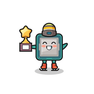 Bir buz patencisi olarak işlemci çizgi filmi. Kazanan kupa, tişört, etiket, logo elementi için şirin bir tasarım.