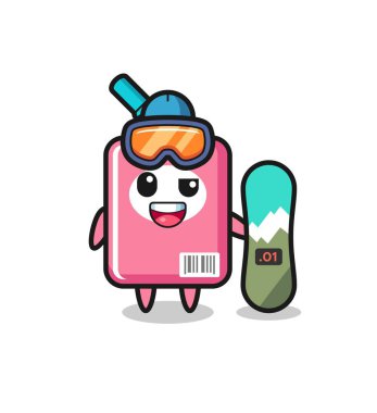 Snowboard stili süt kutusu karakteri, tişört, çıkartma, logo elementi için şirin bir tasarım.