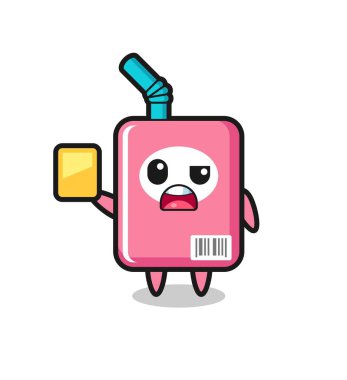 Futbol hakemi olarak çizgi film süt kutusu karakteri sarı kart veriyor, tişört, çıkartma, logo elementi için şirin bir tasarım.