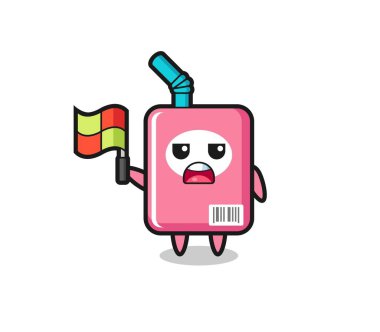 Çizgi hakimi olarak süt kutusu karakteri bayrağı kaldırıyor, tişört, çıkartma, logo elementi için şirin bir tasarım.