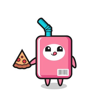 Tatlı süt kutusu pizza yiyen çizgi film, tişört, çıkartma, logo elementi için şirin tasarım.