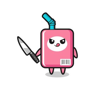 Şirin süt kutusu maskotu elinde bıçak tutan bir psikopat. Tişört, çıkartma, logo elementi için şirin bir tasarım.