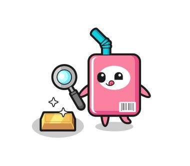 Süt kutusu karakteri altın külçesinin orijinalliğini kontrol ediyor, tişört, etiket, logo elementi için şirin bir tasarım.