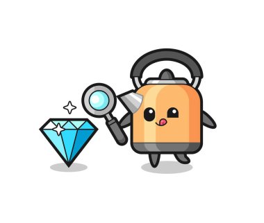 Kettle maskotu elmasın orijinalliğini kontrol ediyor. Tişört, çıkartma, logo elementi için şirin bir tasarım.