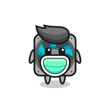 Maske takan sevimli bilgisayar hayran karikatürü, tişört, etiket, logo elemanı için şirin bir tasarım.