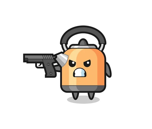 Personaje Lindo Hervidor Agua Disparar Con Una Pistola Diseño Estilo — Vector de stock