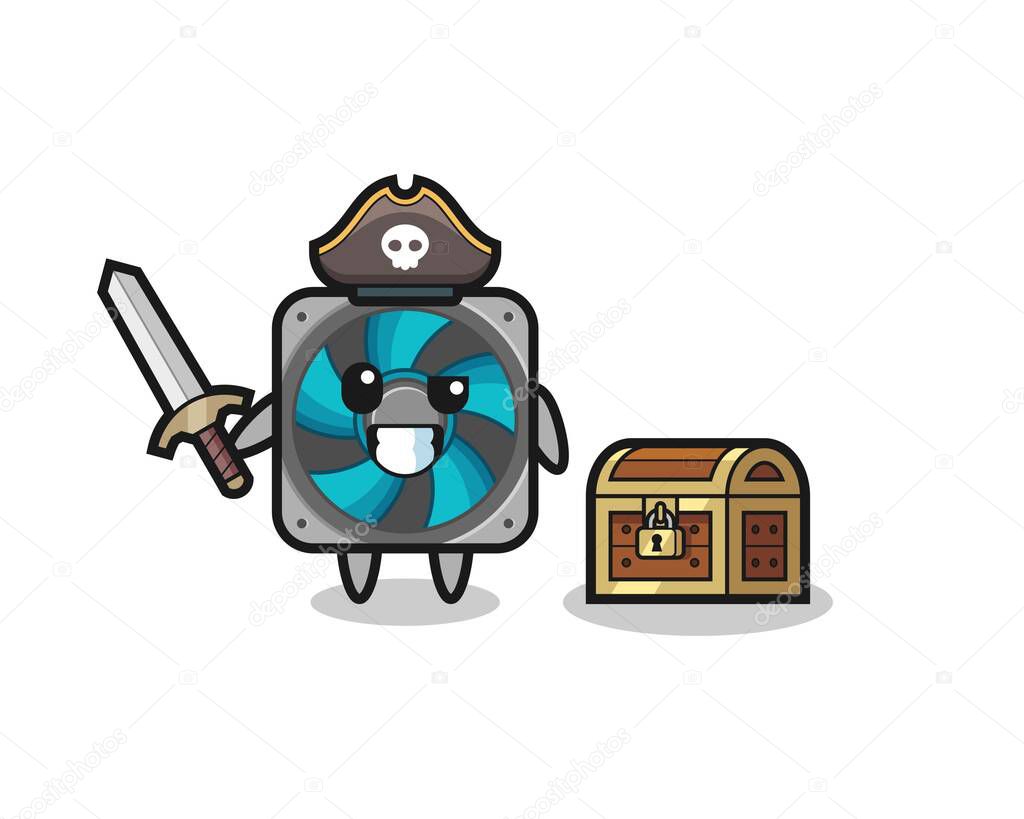 the computer fan pirate character holding sword beside a treasure box , cute style design for t shirt, sticker, logo element