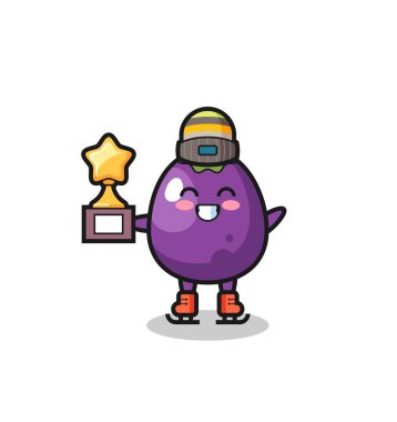 Patlıcan çizgi filminde buz pateni oyuncusunun kupayı tutuşu sevimli patlıcan karakteri eski bir teleskop tutuyor.