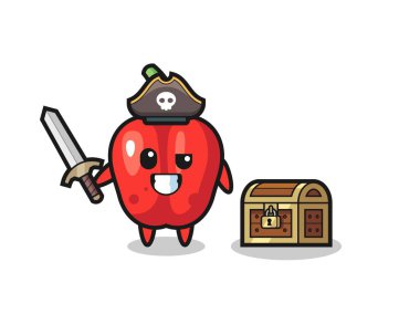 Hazine kutusunun yanında kılıç tutan kırmızı çan biberi karakteri. Tişört, çıkartma, logo elementi için şirin bir tasarım.