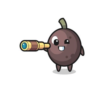 Şirin siyah zeytin karakteri eski bir teleskop tutuyor. Tişört, çıkartma, logo elementi için şirin bir tasarım.