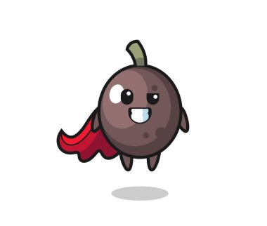 Uçan bir süper kahraman olarak sevimli siyah zeytin karakteri, tişört, çıkartma, logo elementi için şirin bir tasarım.