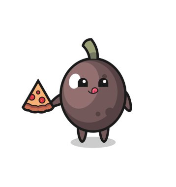 Pizza yiyen sevimli siyah zeytin çizgi filmi, tişört, çıkartma, logo elementi için şirin bir tasarım.