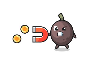 Siyah zeytin karakteri altın sikkeleri yakalamak için bir mıknatıs tutar, tişört, çıkartma, logo elementi için şirin bir tasarım.