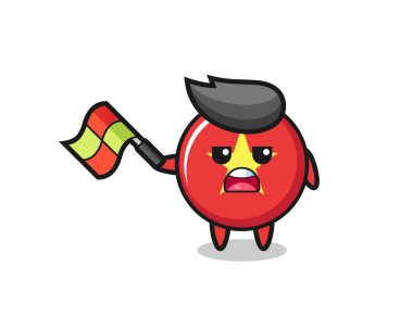 Vietnam bayrağı karikatürü. Sıra hakimi bayrağı 45 derecelik açıyla kaldırıyor. Tişört, çıkartma, logo unsuru için şirin bir tasarım.