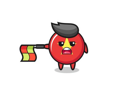 Vietnam bayrağı karakteri çizgi hakimi olarak bayrağı yatay tutun, tişört, çıkartma, logo elementi için şirin bir tasarım yapın.