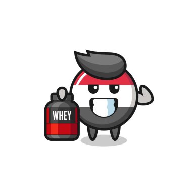 Kaslı yemen bayrak karakteri bir protein takviyesi tutuyor. Tişört, çıkartma, logo elementi için şirin bir tasarım.