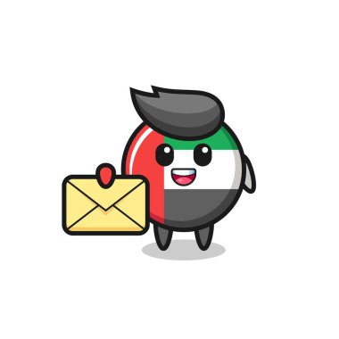 Sarı bir harf taşıyan uae bayrak rozeti karikatürü tasarımı tişört, etiket, logo elementi için şirin bir tasarım.