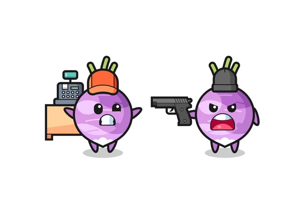 Illust Cute Turnip Cashier Pointed Gun Robber Cute Style Design — Vector de stock