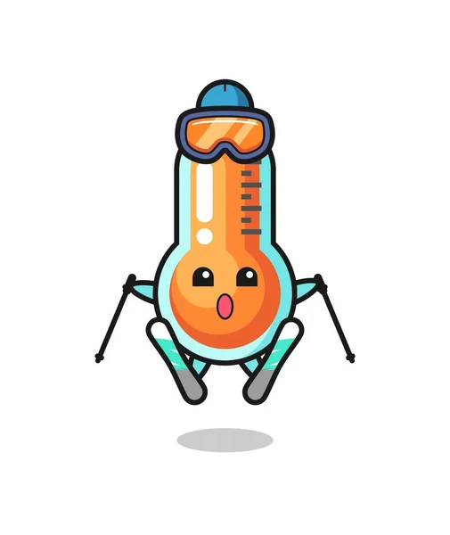 Thermometer Mascotte Personage Als Ski Speler Leuke Stijl Ontwerp Voor — Stockvector