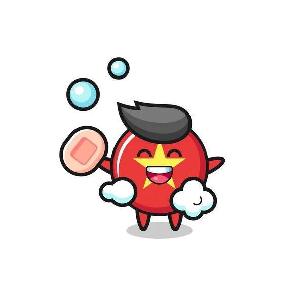 Vietnam Flag Badge Character Bathing While Holding Soap Cute Style — Image vectorielle