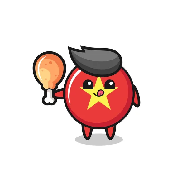 Vietnam Flag Badge Cute Mascot Eating Fried Chicken Cute Style — Stockový vektor
