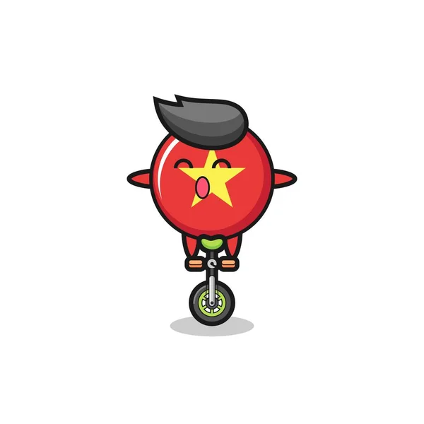 Cute Vietnam Flag Badge Character Riding Circus Bike Cute Style — Image vectorielle