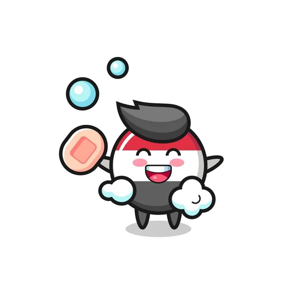 Yemen Flag Badge Character Bathing While Holding Soap Cute Style — 图库矢量图片