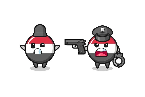 Illustration Yemen Flag Badge Robber Hands Pose Caught Police Cute — Vetor de Stock